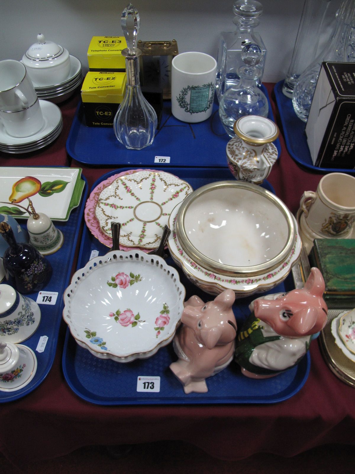 Two Goebel Birds, (one repaired), two Wade pigs, Capo Di Monte bowl, crescent fruit bowl, etc:-