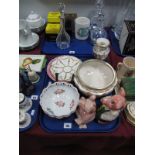 Two Goebel Birds, (one repaired), two Wade pigs, Capo Di Monte bowl, crescent fruit bowl, etc:-