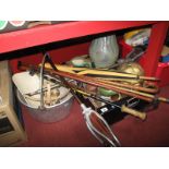 Two Shooting Sticks, umbrella, walking sticks, riding crop, art pottery, gilt effect bust of a