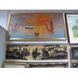 Peter Lin, Oil on Canvas, Oriental shipping scene with steamship and junks, 54.5x115cms, signed