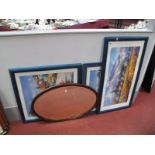 Three Mediterranean Colour Prints, Edwardian oval inlaid mahogany wall mirror.
