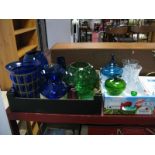 A Collection of Bristol Blue Type Green Clear and Cranberry Glass Decoration Wares, including