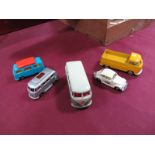 Five VW Based Diecast Toys. Two by Corgi, two Matchbox 1-75. All playworn.