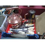 A XIX Century Copper Kettle, Eccles miners lamp, forks, knives, etc:- One Tray