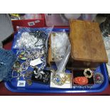 Assorted Diamanté and Other Costume Jewellery, earrings, brooches, wood jewellery box, etc:- One