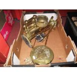 A Brass Chestnut Roaster, pair of andirons, four piece fireside companion set, toasting fork,