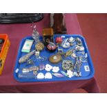 Decanter Labels, ceramic flowers, hat pins, lighter, button hooks, Kigu novelty compact, etc:- One