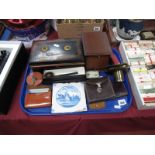 Two XIX Century Delft Tiles, circular music box, Briar pipe, cash box, compass, scales, etc:- One