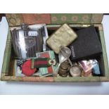 Enamel and Other Badges, Defence medal, brass buttons, hip flask, lighter, cigarette case, etc,