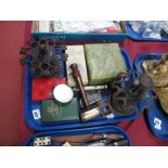 Two Cast Iron Desk Stamp Stands, gavel, Fowler's, textile calculator, map magnifiers, chain mail