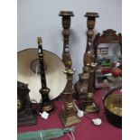 A Pair of Laura Ashley Brass Corinthian Fluted Lamp Stands, together with two hardwood carved