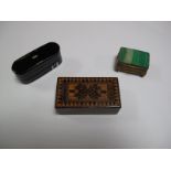 XIX Century Ware Box, together with a XIX century black laquer snuff box, and a brass box (3)