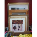 A Pine Framed Wall Mirror, gilt framed mirror, together with three prints. (5)