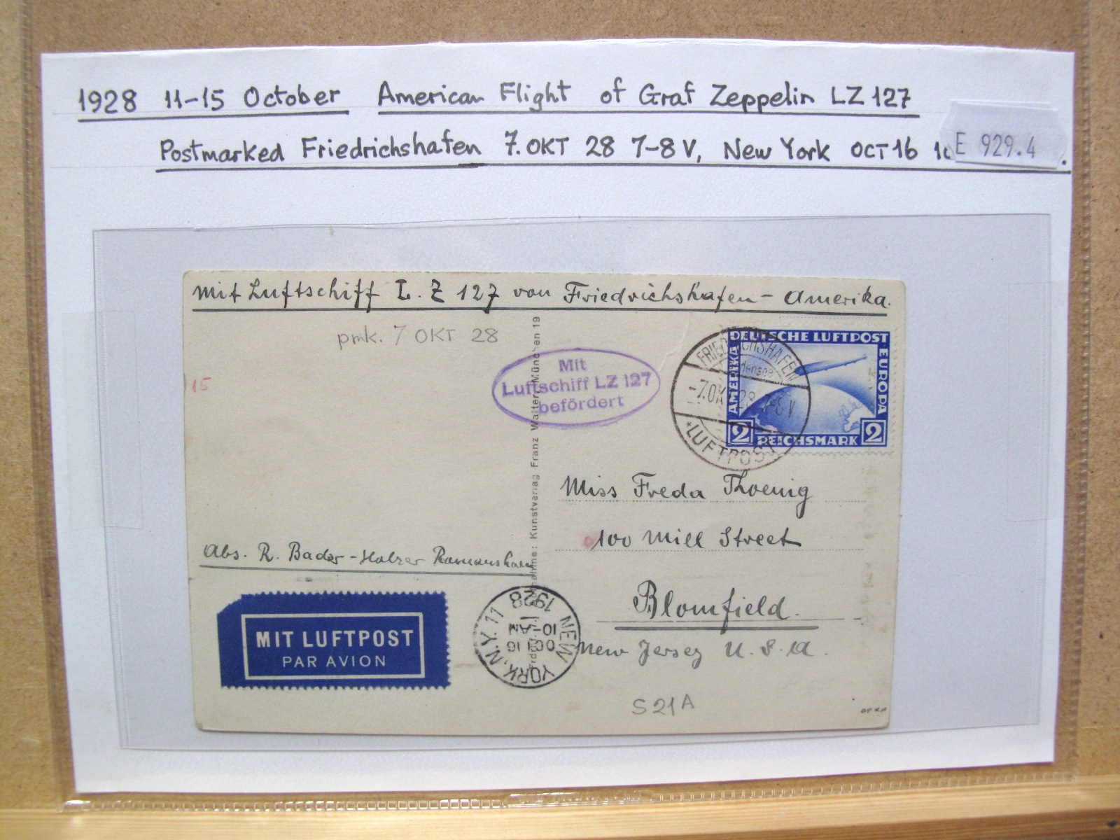 Graf Zeppelin Cover. 1928 11th - 15th October, postmarked Friedrichshafen 7r October 28-7-8v