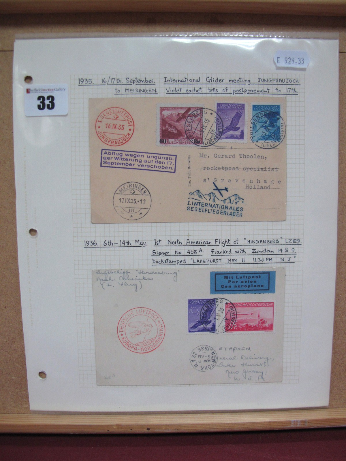 1935, 16th-17th September International Glider Meeting Postcard, Jungfraujoch to Meirlingen (
