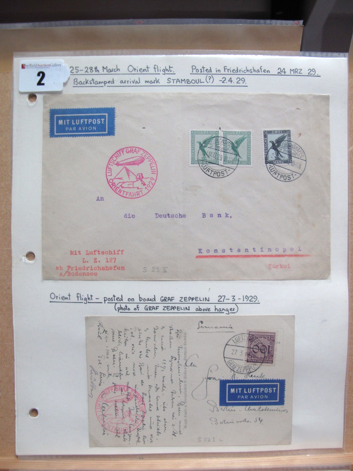 Two Graf Zeppelin Covers. 1929, 25th - 28th March, Orient Flight, posted in Friedrichshafen 24th
