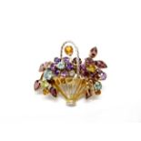 A 9ct Gold Brooch, multi gem set, as a basket of flowers, claw and collet set throughout.