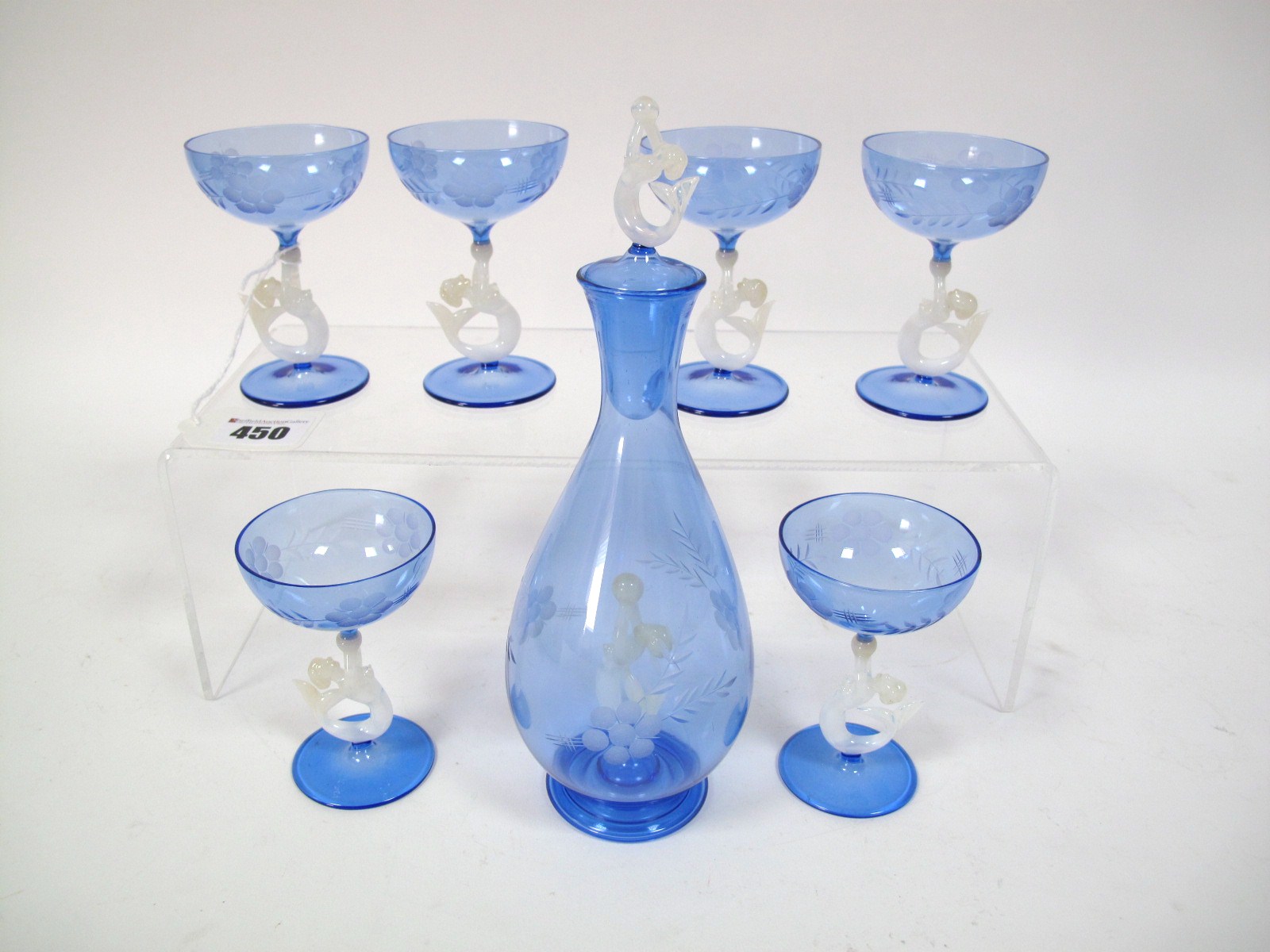A Mid XX Century Vintage Bimini Werkstatte Cocktail Set, in pale blue, the footed baluster
