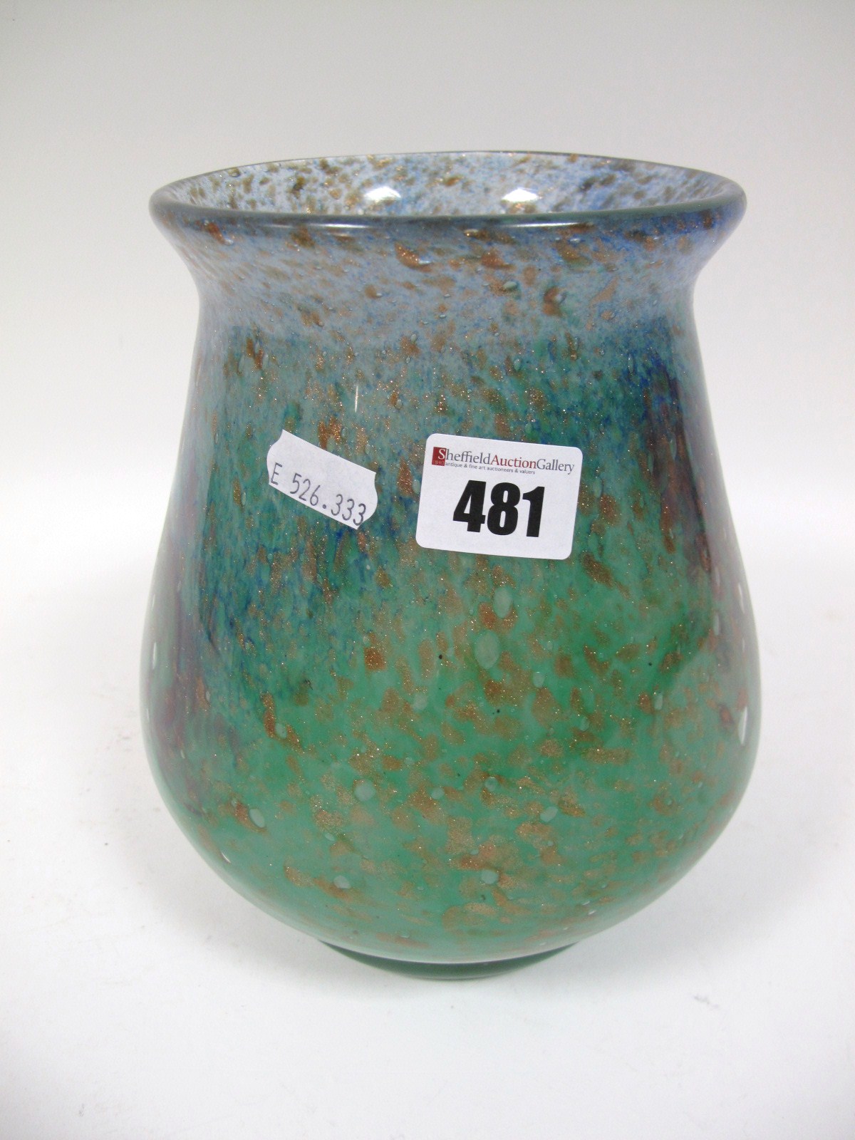 A Possibly Monart Shape RA Vase, purple whorls on a blue, green, aventurine and bubble inclusion