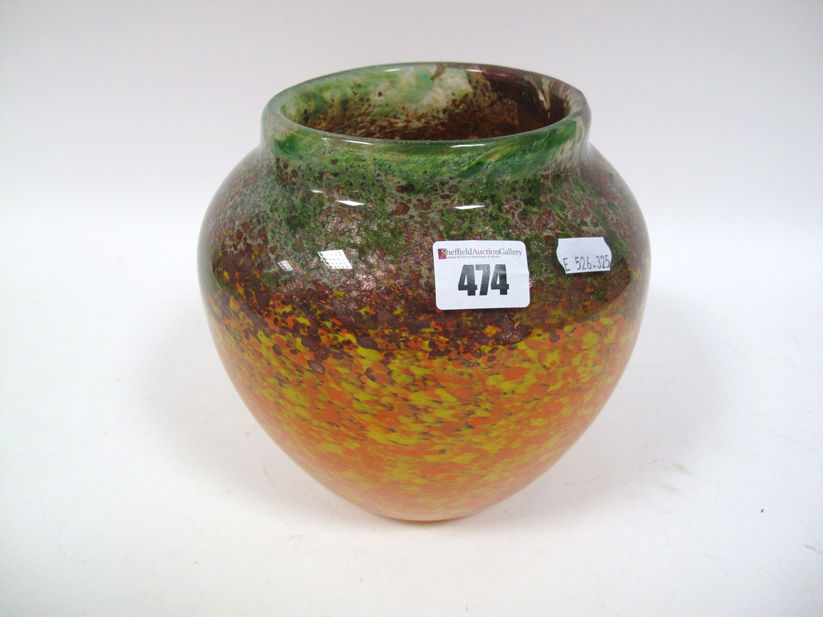 A Size VI Shape A.395 Vase, orange and yellow mottled with aventurine, green and red border, paper
