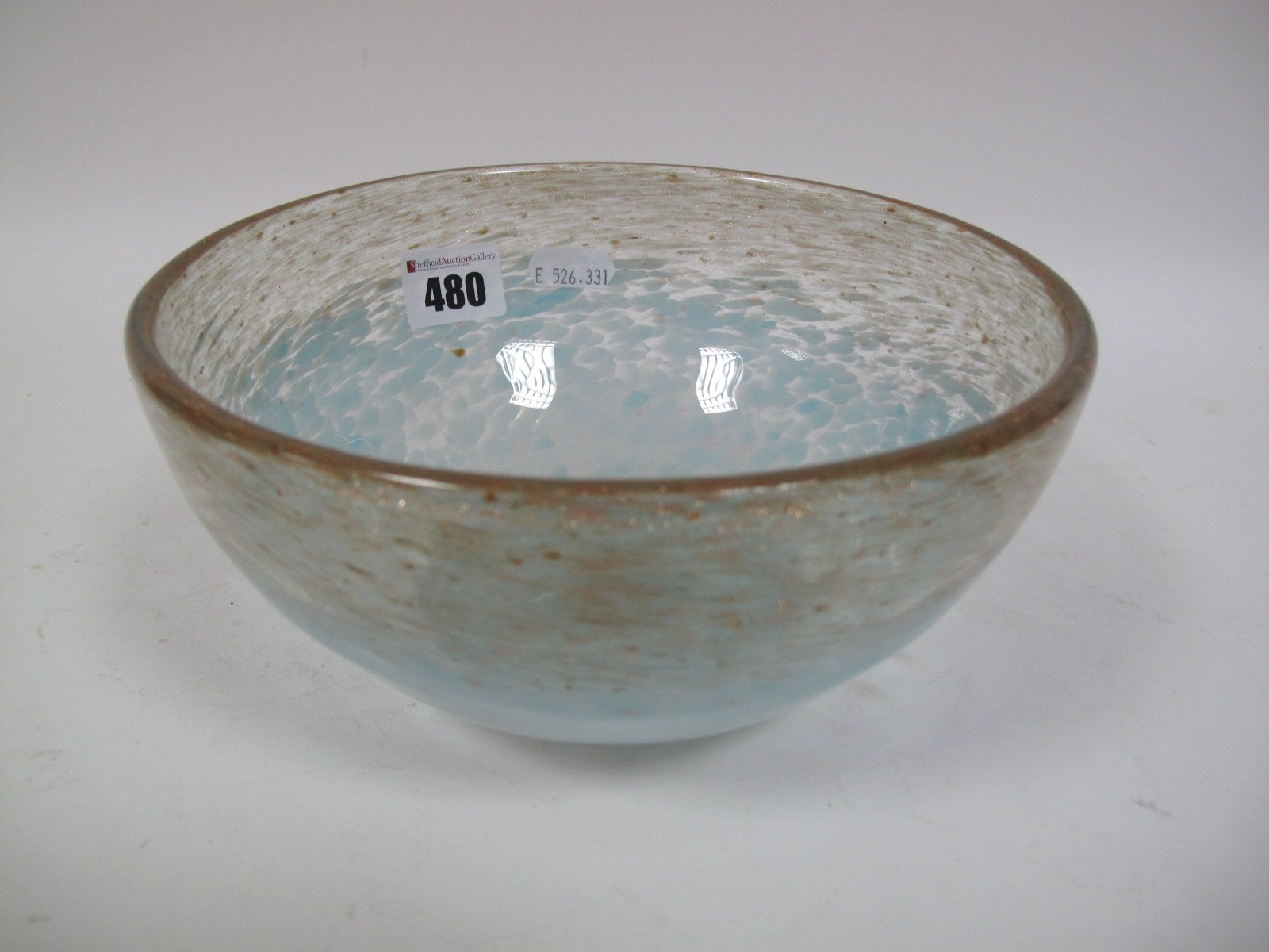 A Size VI Shape AF Circular Bowl, mottled light blue with aventurine border, paper label, 19.9cms