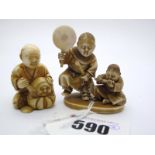An Early XX Century Japanese Ivory Netsuke, carved as a seated sculptor, 4cms high; Another, as