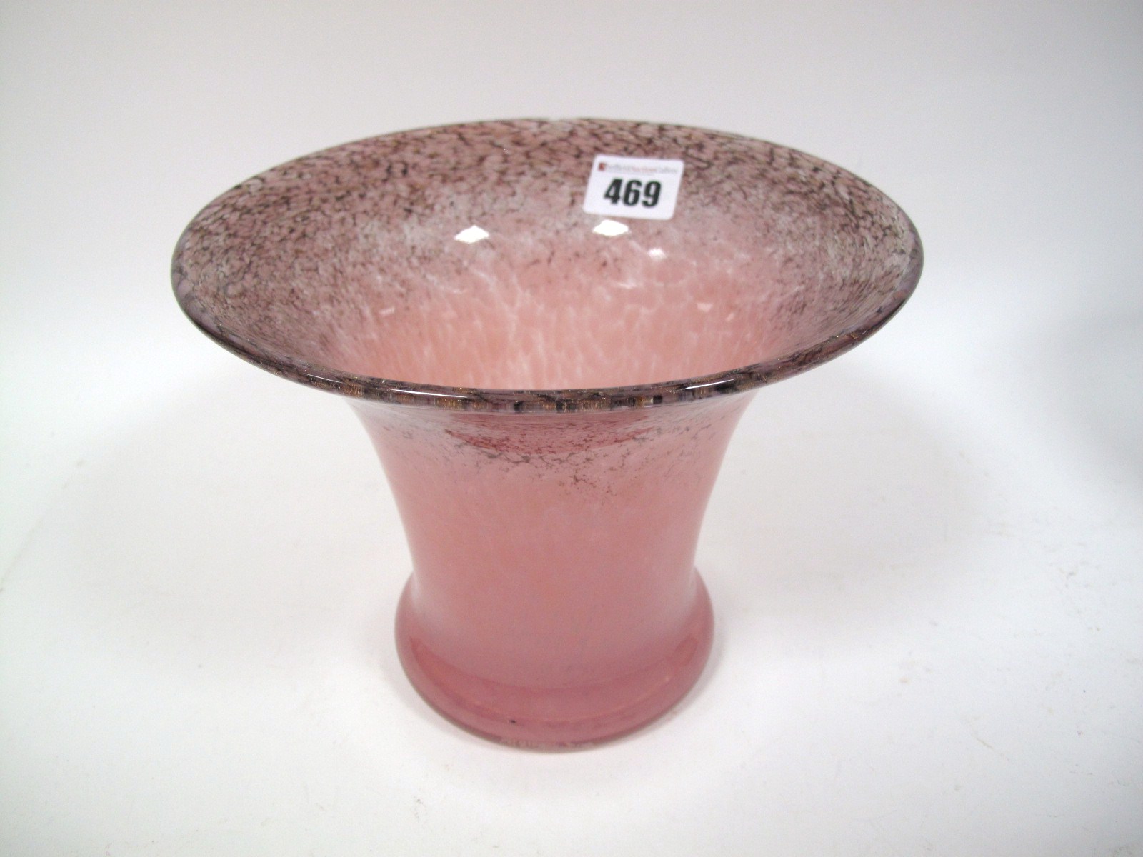 A Size VII Shape GC Vase, mottled pink with purple and aventurine rim, 15.3cms high.