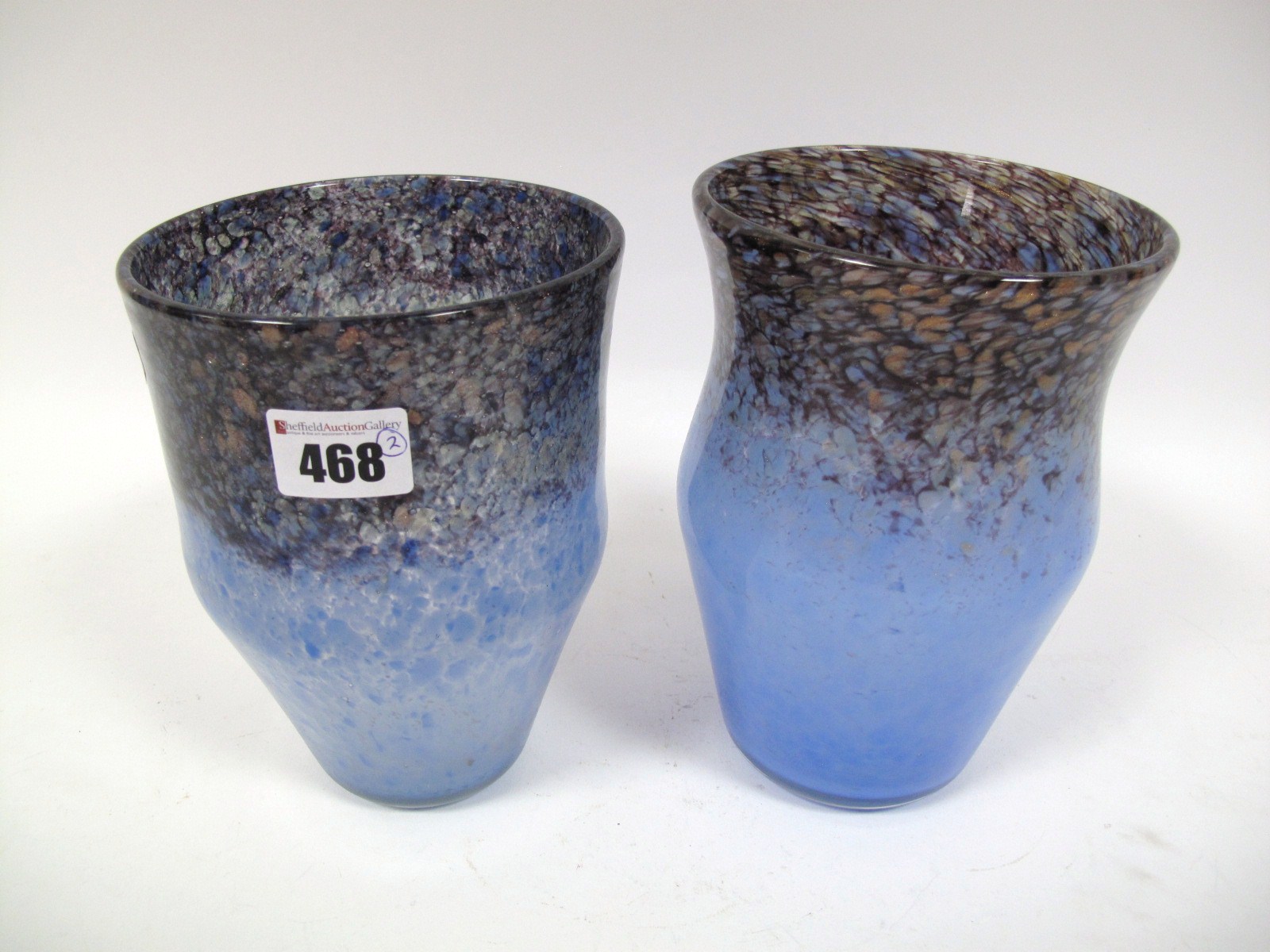 A Size VII Shape OD Vase, mottled blue with purple and aventurine rim, paper label; Another,