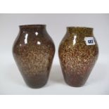 A Pair of Possibly Monart Vases, shape F, red and brown spatter on a yellow shaded ground, 19.5cms