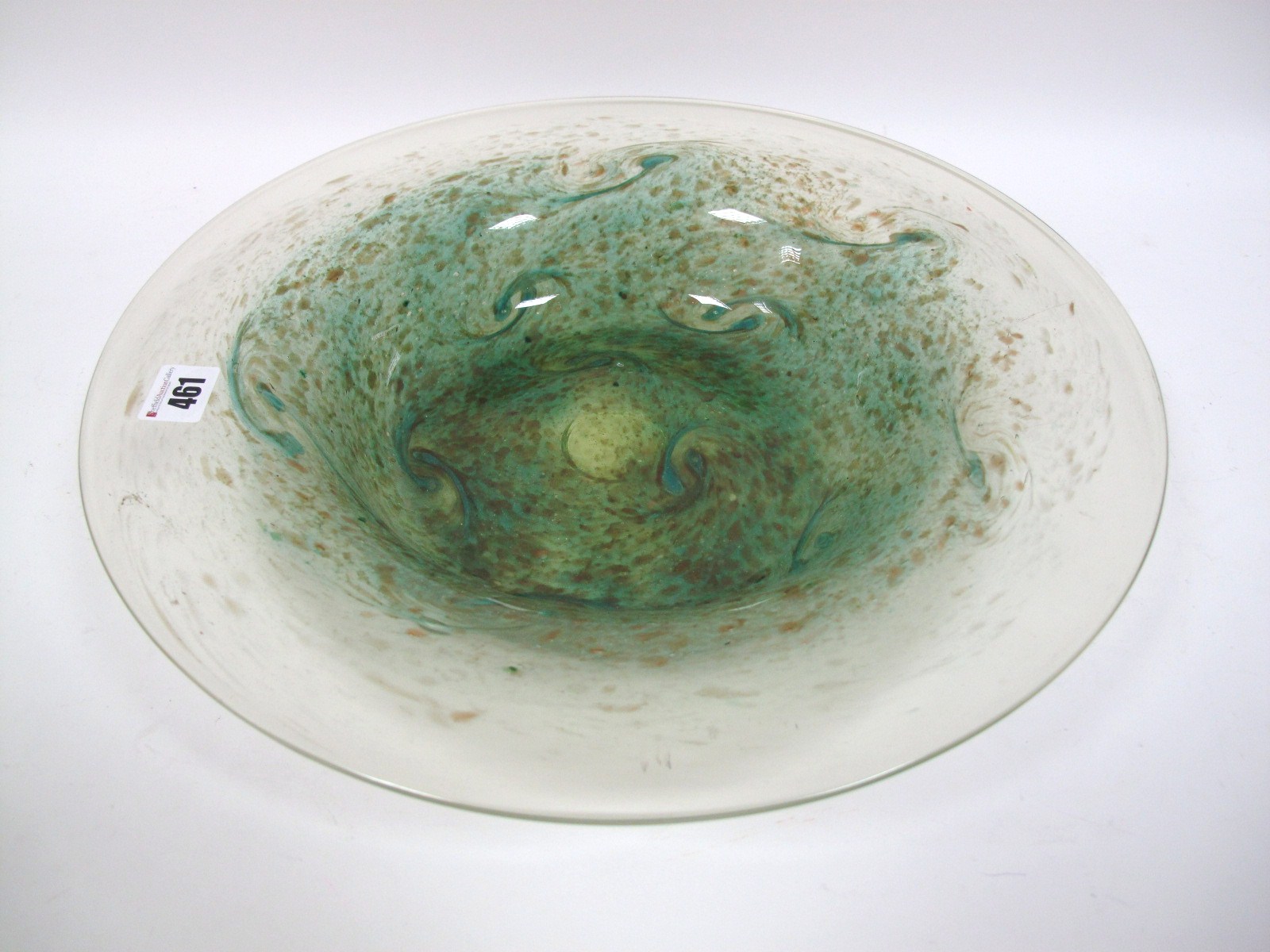 A Size III+ Shape DF Shallow Bowl with Broad Rim, blue fish design on an aventurine and mottled