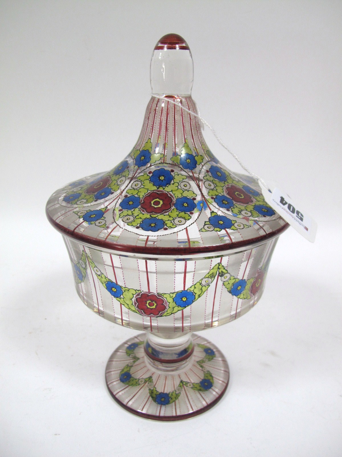 An Early XX Century Continental Enamelled Glass Circular Pedestal Bowl and Cover, in the manner of