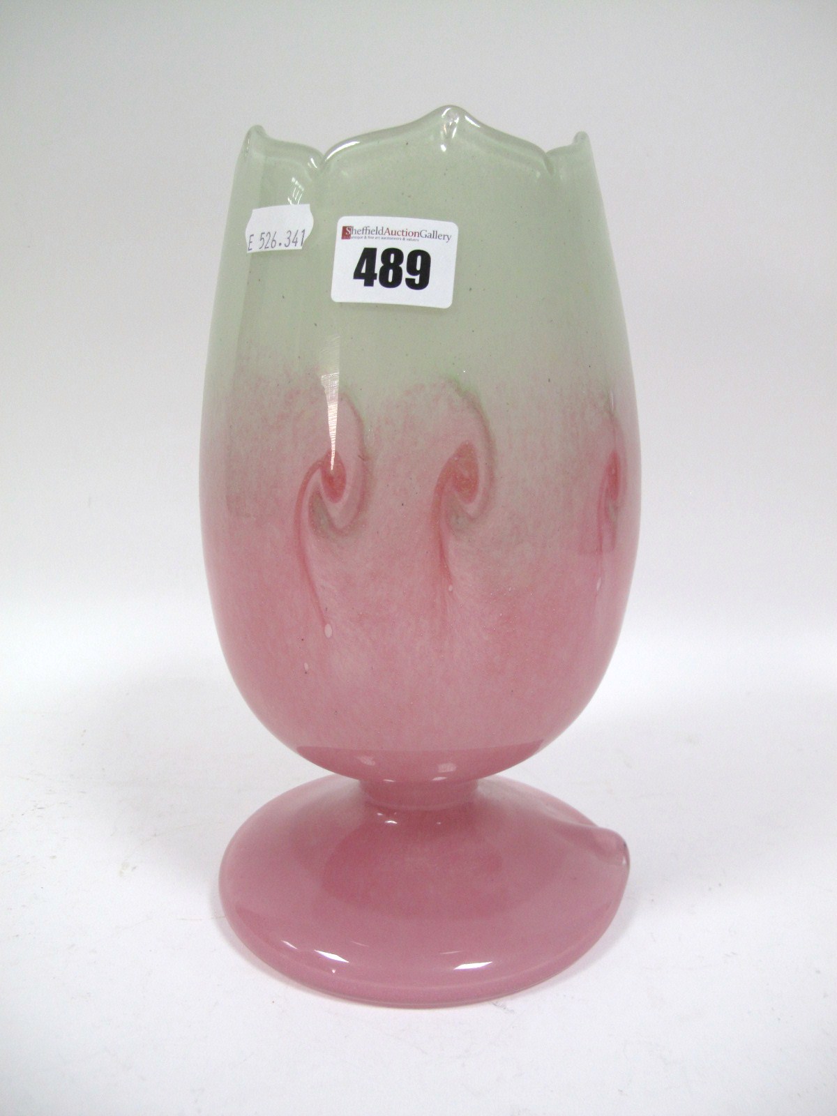 A Table Lamp Base, with petallate rim, the lower section with pink whorls merging into a broad green