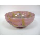 A Size III Shape MA Bowl, with green and yellow pulled bubble inclusions on a pink and purple