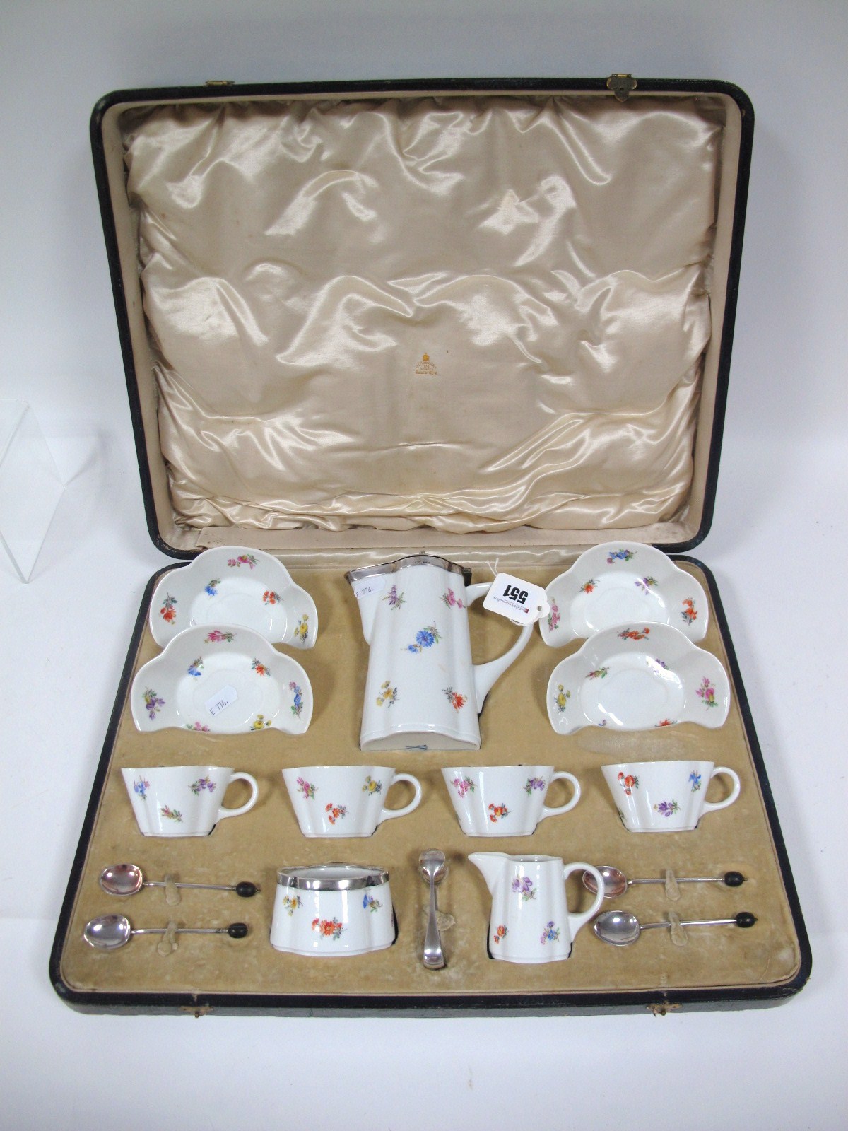 An Early XX Century Meissen Porcelain Coffee Service, polychrome painted with flowers in the