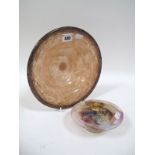 A Size VI Shape IG Flared Shallow Bowl, mottled flesh tones with purple and aventurine rim, paper