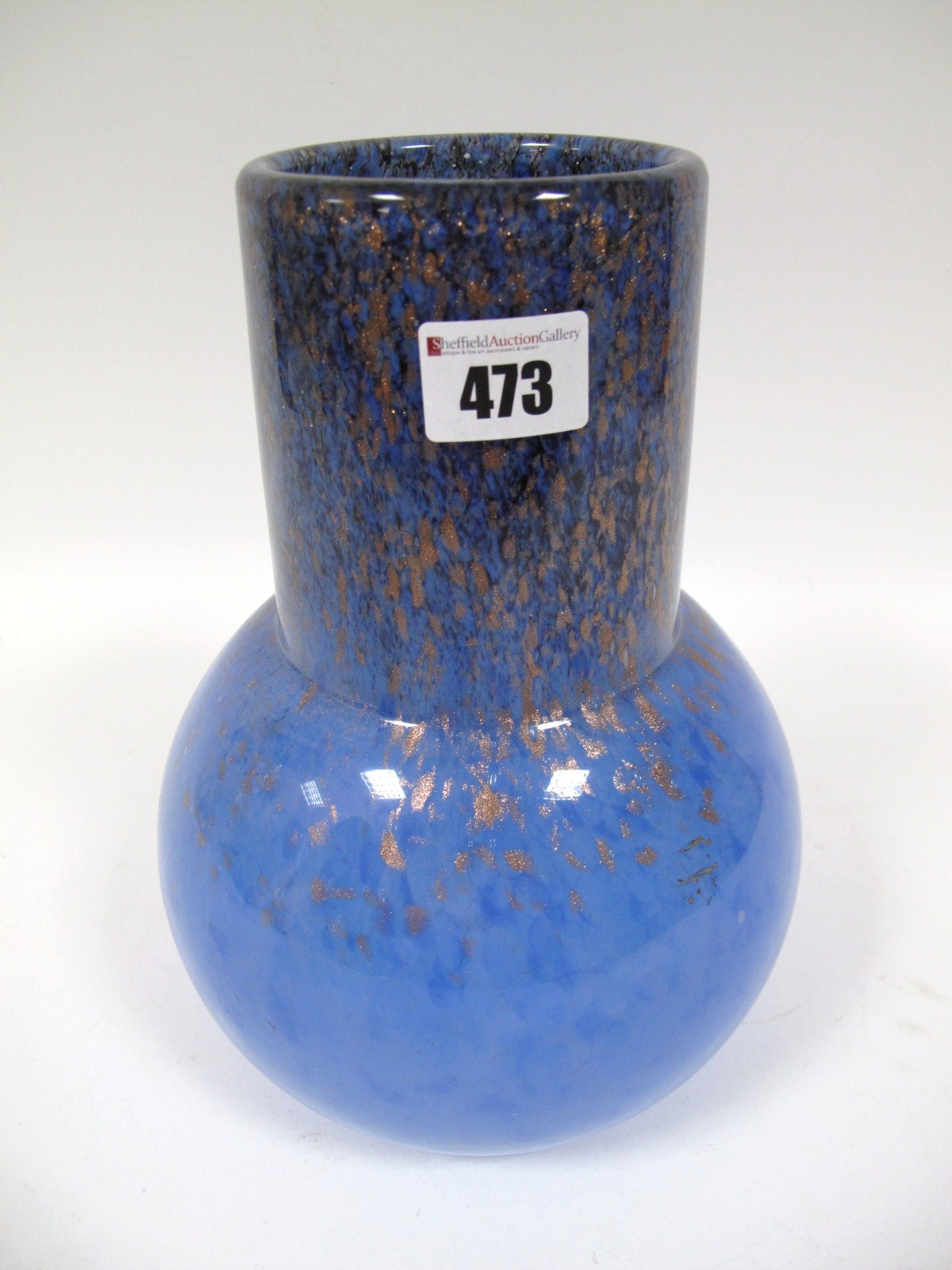 A Possibly Monart, Size VI6 Shape IA Vase, mottled blue with dark blue and aventurine border, 24.