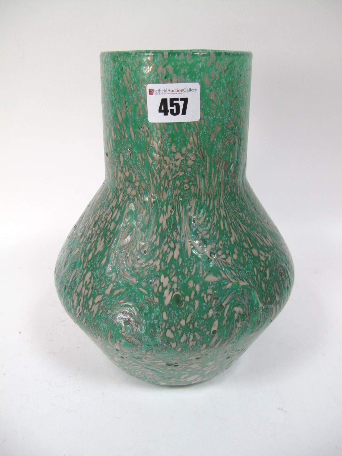 A Size VI+ Shape B Paisley Shawl Vase, lustred green and white swirl design, 24.5cms high.