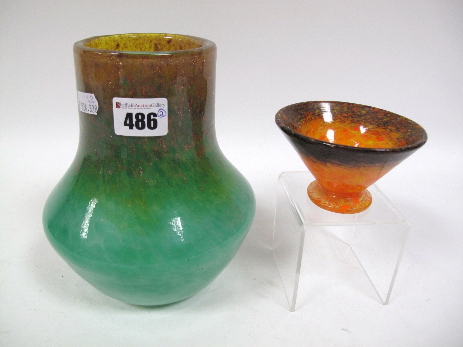 A Size X Shape MB. 68 Small Flared Circular Pedestal Vase, orange and yellow mottled with darker