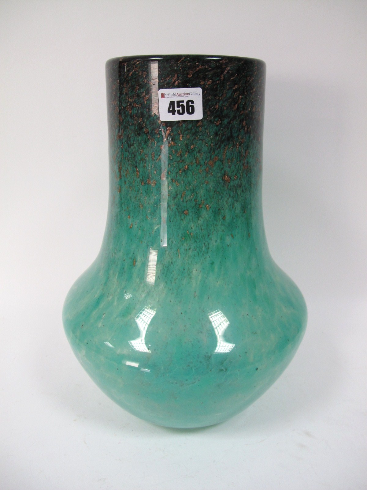 A Size IV+ Shape FB Shouldered Baluster Vase, mottled turquoise, with purple and aventurine to the