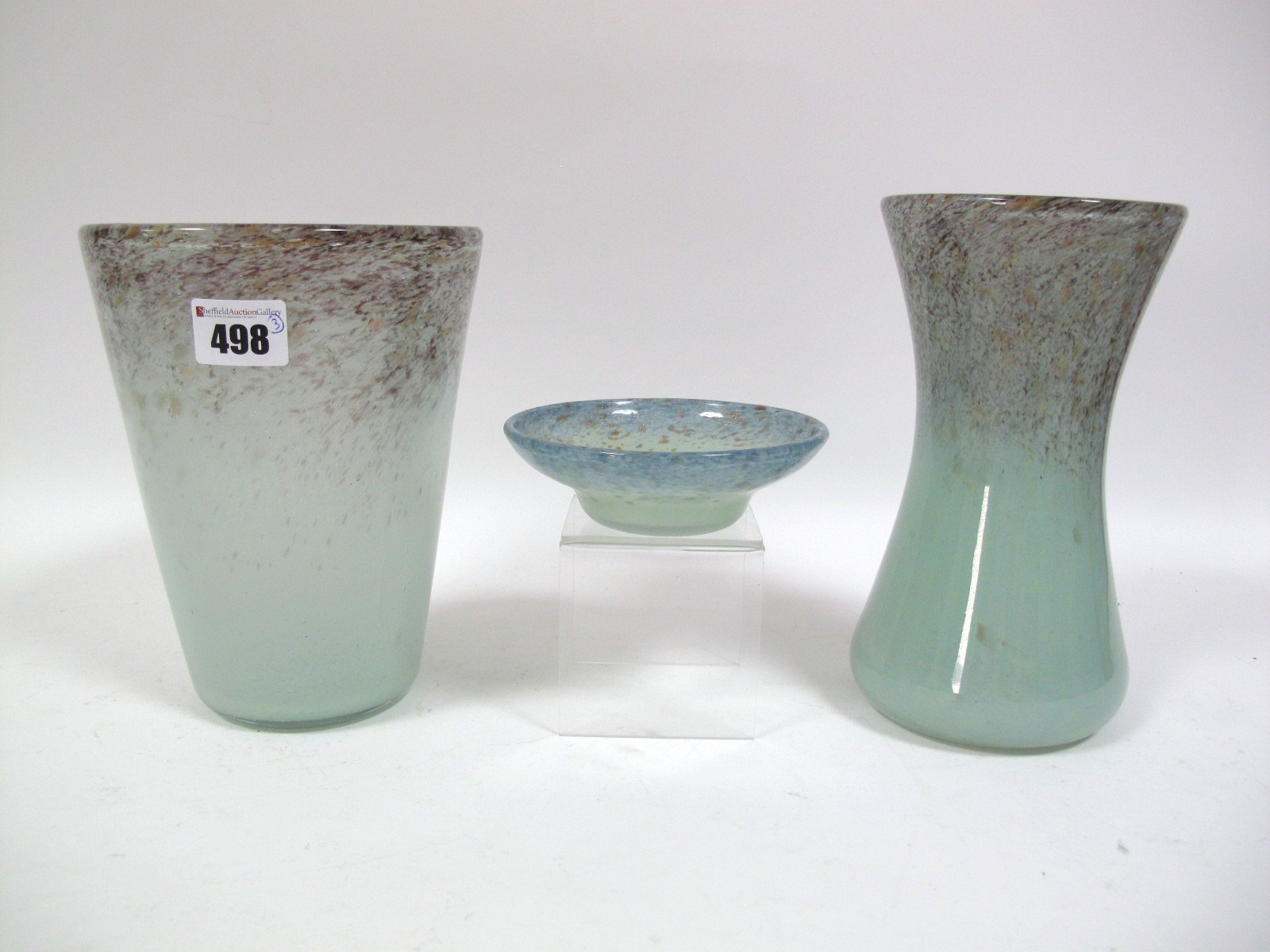 A Bucket Shaped Vase, mottled pale green, deep mauve and aventurine flecked to neck, etched mark,