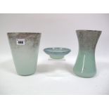 A Bucket Shaped Vase, mottled pale green, deep mauve and aventurine flecked to neck, etched mark,