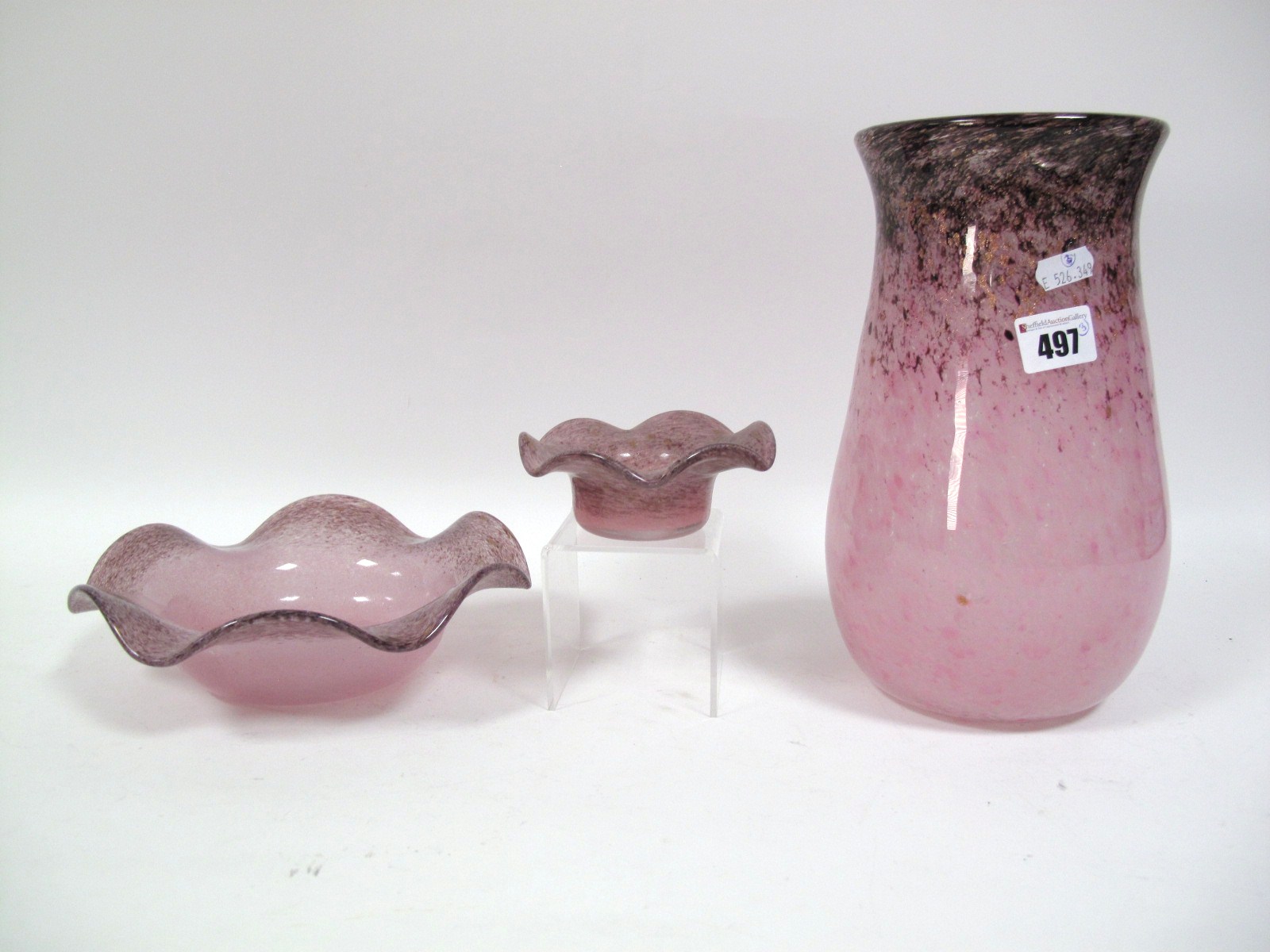 A Baluster Vase, mottled pink base, deep mauve aventurine flecked to neck, 25.5cms high; A