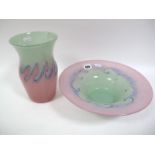 A Waisted Cylindrical Vase, pink mottled base, blue whorls with green above, etched mark, 20cms