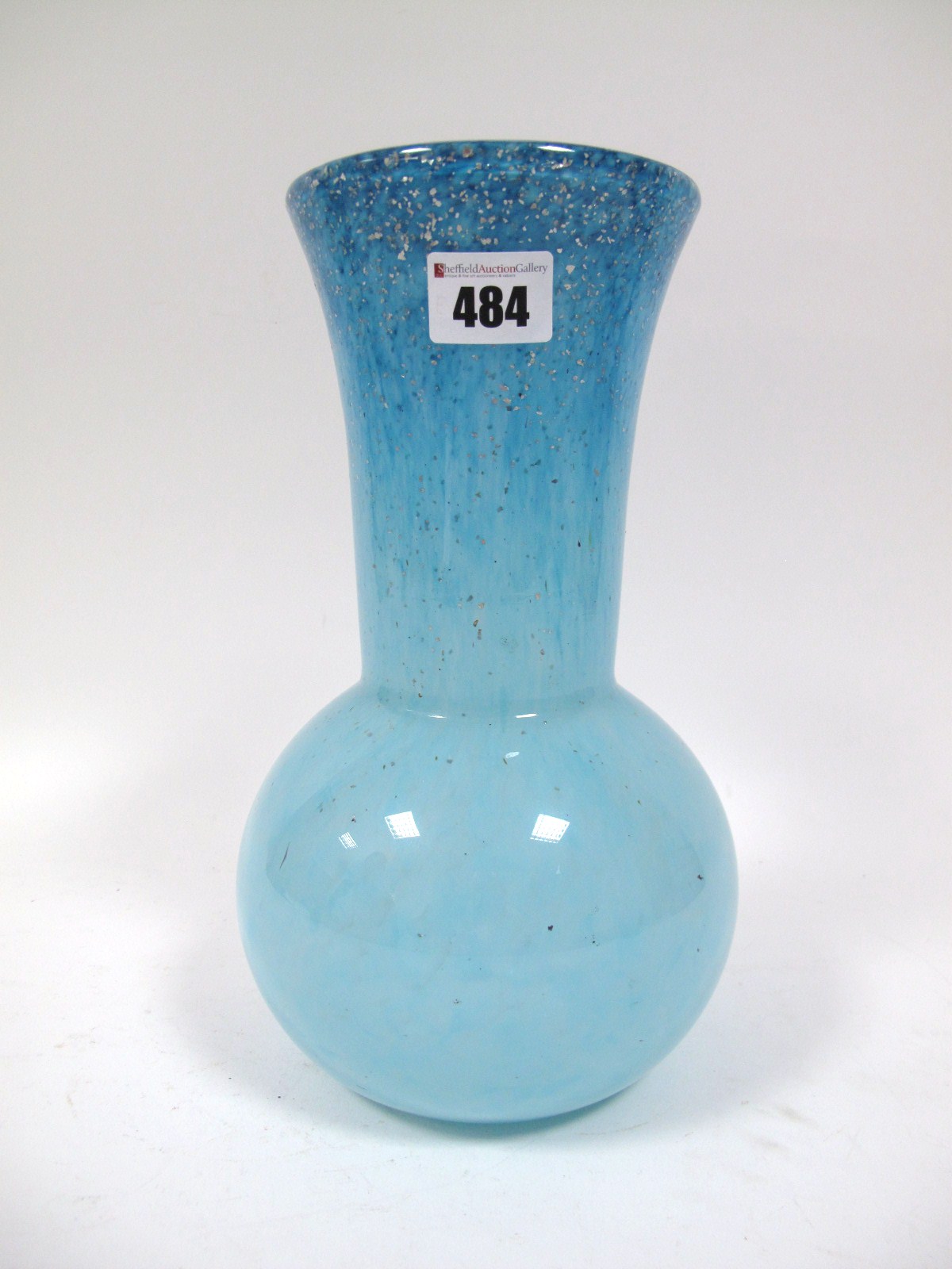 A Size VI+ Shape PA Vase, mottled light blue and mica, shading to dark blue, paper label, 26cms