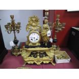 A Victorian Gilt Spelter and Glass Mounted Clock Garniture, the clock with cylinder movement,