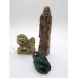 A Chinese Soapstone Figure of a Temple Lion with Young, 5cms high; another of an elder on cuboid