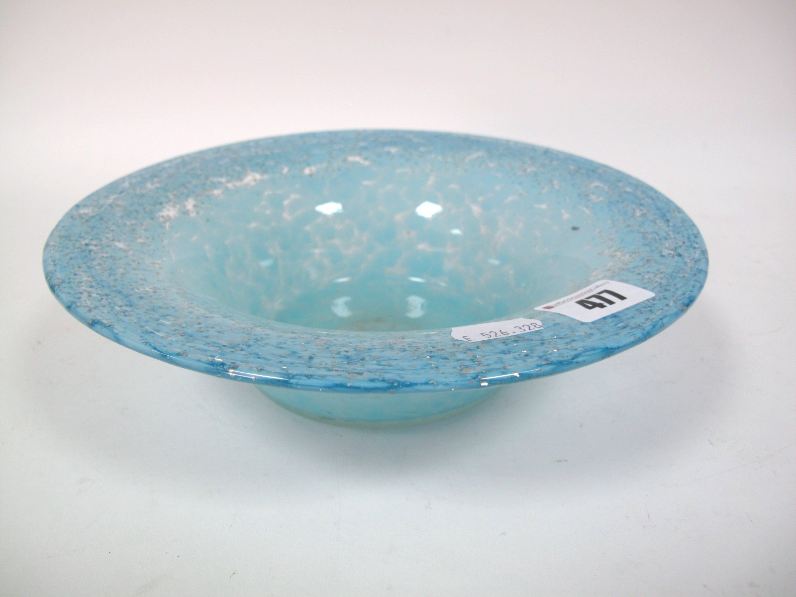 A Size VI Shape UB Circular Rimmed Bowl, mottled light blue with mica border, paper label, 24.1cms