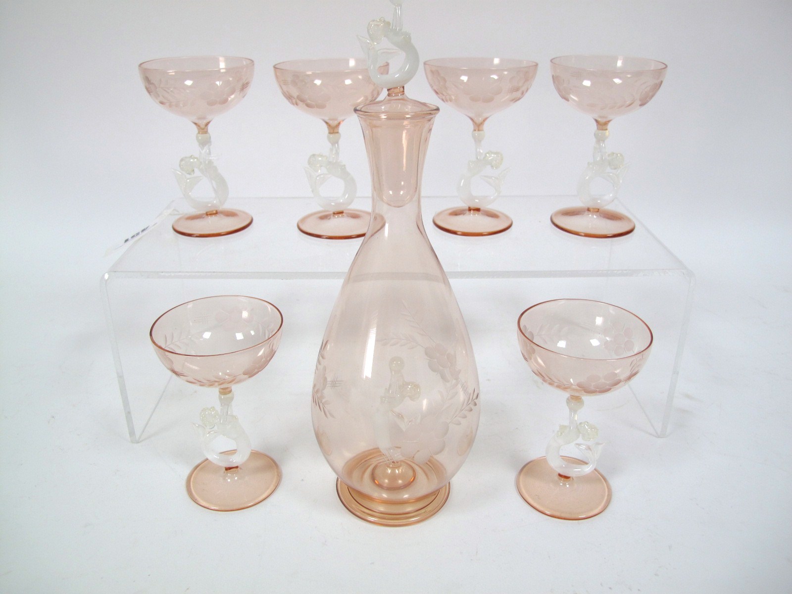A Mid XX Century Vintage Bimini Werkstatte Cocktail Set, in pale pink, the footed baluster