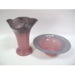 A Tricorn Shaped Vase, pink mottled base, grey blue and aventurine mouth, etched mark, 25.5cms high;