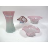 A Flared Vase, seafoam base with pink upper body, etched mark, 25cms high; A Circular Bowl,